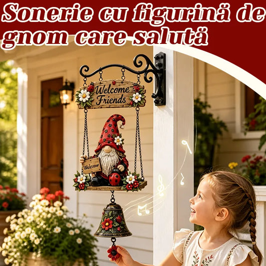 Clopoțel de Bun Venit cu Pitic de Grădină, Plăcuță „Welcome”, Clopoțel Retro din Bronz, Suport de Perete din Fier, Decorațiune Curte și Terasă