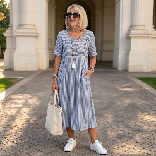 【S-2XL】Julia – Rochie midi cu dungi, ușoară și vaporoasă