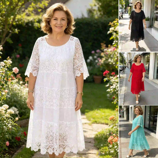 【50% REDUCERE】2026 Rochie tricou nouă cu mâneci scurte, decolteu rotund și dantelă.