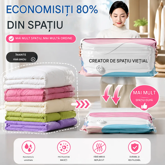 🧳【Set de 5 Piese】💨 Saci de Vidat și Compresie Mari pentru Depozitare - Fără pompă, anti-scurgere, ideali pentru economisirea spațiului în valiză și acasă ✈️
