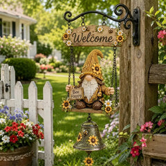 Clopoțel de Bun Venit cu Pitic de Grădină, Plăcuță „Welcome”, Clopoțel Retro din Bronz, Suport de Perete din Fier, Decorațiune Curte și Terasă