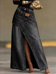 🥇【S-3XL】 Fustă maxi din denim pentru femei, cu curea stratificată; croială lejeră, design modern.