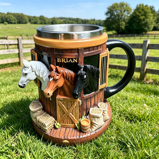 Cană 3D de Cafea cu Tematică Fermă și Grajd de Cai, Cană din Inox cu Relief Tridimensional, Cadou Ideal pentru Iubitorii de Cai