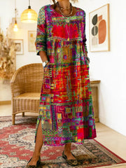 💟【S-5XL】Rochie de damă din bumbac cu imprimeu etnic și patchwork, cu bordură din dantelă