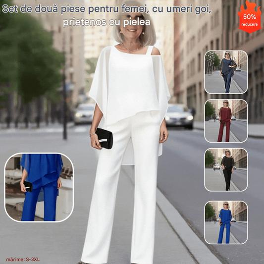 ⏳Ofertă limitată în timp⏰【50-120KG】👚👖Set de două piese pentru femei, delicat cu pielea, cu umeri goi✅【Bluză + Pantaloni】