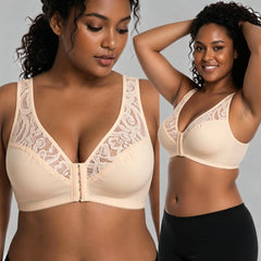 💖Cel mai mic preț de până acum! 【Set 3 piese】【Mărimi L-4XL】😍🩲 Sutien push-up mărime plus: dantelă rafinată, design push-up, cu cupe și închidere frontală.
