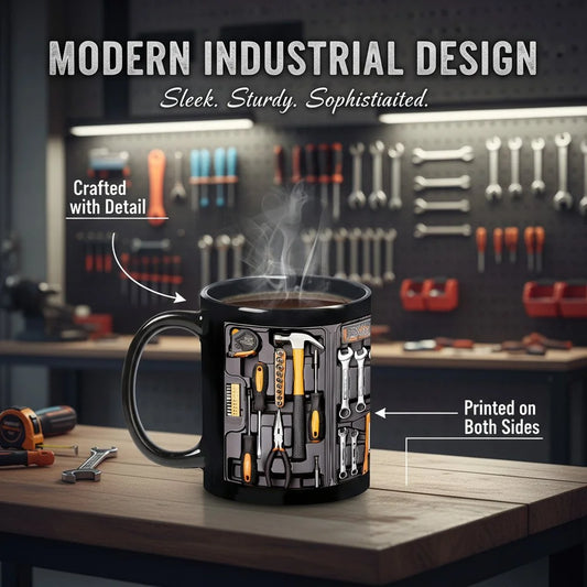 O cană modernă în formă de cutie de scule, concepută creativ, o ceașcă de cafea cu design unic.