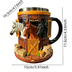 Cană 3D de Cafea cu Tematică Fermă și Grajd de Cai, Cană din Inox cu Relief Tridimensional, Cadou Ideal pentru Iubitorii de Cai