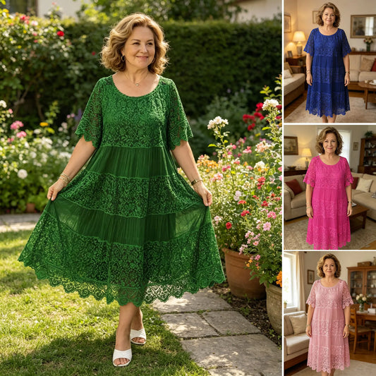 【50% REDUCERE】2026 Rochie tricou nouă cu mâneci scurte, decolteu rotund și dantelă.