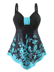 Costum de Baie 2 Piese cu Rochiță Flotantă, Imprimeu Floral Albastru, Design Elegant pentru Controlul Abdomenului, Confortabil și Respirabil