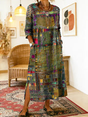 💟【S-5XL】Rochie de damă din bumbac cu imprimeu etnic și patchwork, cu bordură din dantelă