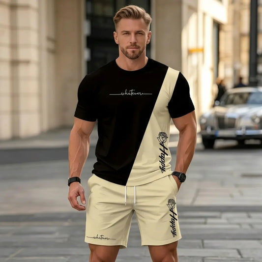 ✨【Ramburs la livrare】Set sport de vară pentru bărbați, format din 2 piese - tricou confortabil cu mânecă scurtă și pantaloni scurți pentru purtare zilnică și acasă