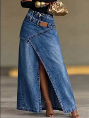🥇【S-3XL】 Fustă maxi din denim pentru femei, cu curea stratificată; croială lejeră, design modern.