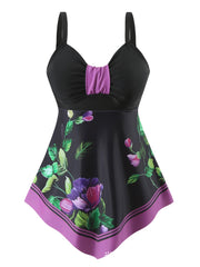 Costum de Baie 2 Piese cu Rochiță Flotantă, Imprimeu Floral Albastru, Design Elegant pentru Controlul Abdomenului, Confortabil și Respirabil