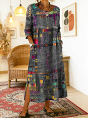 💟【S-5XL】Rochie de damă din bumbac cu imprimeu etnic și patchwork, cu bordură din dantelă
