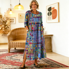 💟【S-5XL】Rochie de damă din bumbac cu imprimeu etnic și patchwork, cu bordură din dantelă