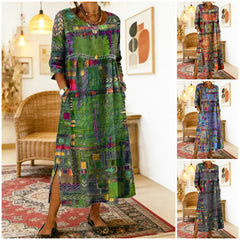 💟【S-5XL】Rochie de damă din bumbac cu imprimeu etnic și patchwork, cu bordură din dantelă