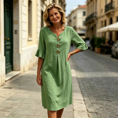 【S-3XL】Rochie de damă din bumbac și in, cu mâneci bufante și nasturi