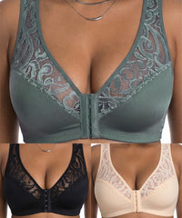 💖Cel mai mic preț de până acum! 【Set 3 piese】【Mărimi L-4XL】😍🩲 Sutien push-up mărime plus: dantelă rafinată, design push-up, cu cupe și închidere frontală.