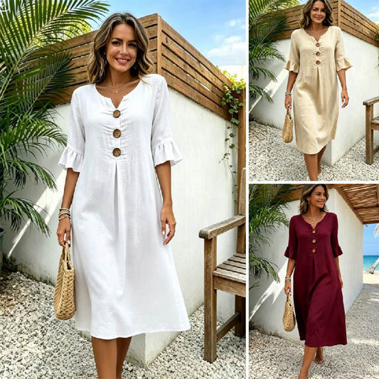 【S-3XL】Rochie de damă din bumbac și in, cu mâneci bufante și nasturi