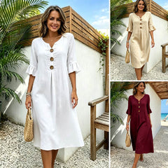 【S-3XL】Rochie de damă din bumbac și in, cu mâneci bufante și nasturi