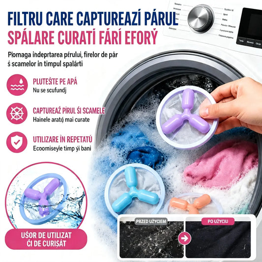 🌀 6 bucăți doar 119 lei!🧺🐾 Gata cu părul pe haine! Filtrele plutitoare ale mașinii de spălat – colectează părul, blana și scamele la fiecare spălare. ✨