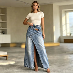 🥇【S-3XL】 Fustă maxi din denim pentru femei, cu curea stratificată; croială lejeră, design modern.