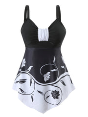 Costum de Baie 2 Piese cu Rochiță Flotantă, Imprimeu Floral Albastru, Design Elegant pentru Controlul Abdomenului, Confortabil și Respirabil