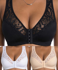 💖Cel mai mic preț de până acum! 【Set 3 piese】【Mărimi L-4XL】😍🩲 Sutien push-up mărime plus: dantelă rafinată, design push-up, cu cupe și închidere frontală.