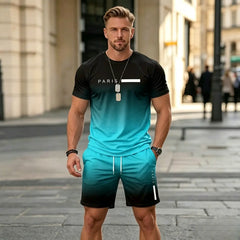 ✨【Ramburs la livrare】Set sport de vară pentru bărbați, format din 2 piese - tricou confortabil cu mânecă scurtă și pantaloni scurți pentru purtare zilnică și acasă