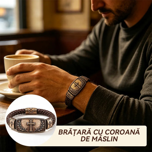 Brățară Bărbătească din Piele Împletită cu Cruce și Coroană de Măslin, Metal Antichizat Vintage, Cadou Deosebit