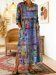 💟【S-5XL】Rochie de damă din bumbac cu imprimeu etnic și patchwork, cu bordură din dantelă