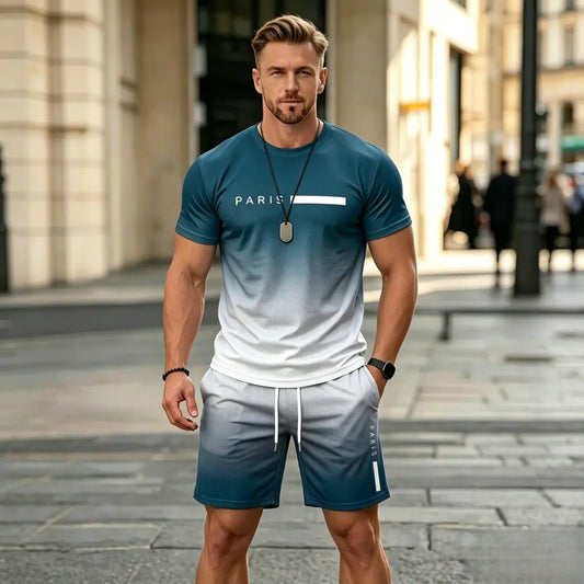 ✨【Ramburs la livrare】Set sport de vară pentru bărbați, format din 2 piese - tricou confortabil cu mânecă scurtă și pantaloni scurți pentru purtare zilnică și acasă