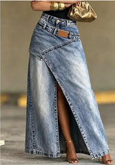 🥇【S-3XL】 Fustă maxi din denim pentru femei, cu curea stratificată; croială lejeră, design modern.