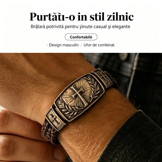 Brățară Bărbătească din Piele Împletită cu Cruce și Coroană de Măslin, Metal Antichizat Vintage, Cadou Deosebit