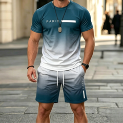 ✨【Ramburs la livrare】Set sport de vară pentru bărbați, format din 2 piese - tricou confortabil cu mânecă scurtă și pantaloni scurți pentru purtare zilnică și acasă