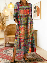 💟【S-5XL】Rochie de damă din bumbac cu imprimeu etnic și patchwork, cu bordură din dantelă