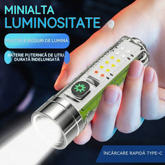 👍👍Lanternă compactă de mare intensitate cu lumină laterală multifuncțională, încărcare rapidă Type-C, portabilitate și durată de viață ultra-lungă a bateriei.